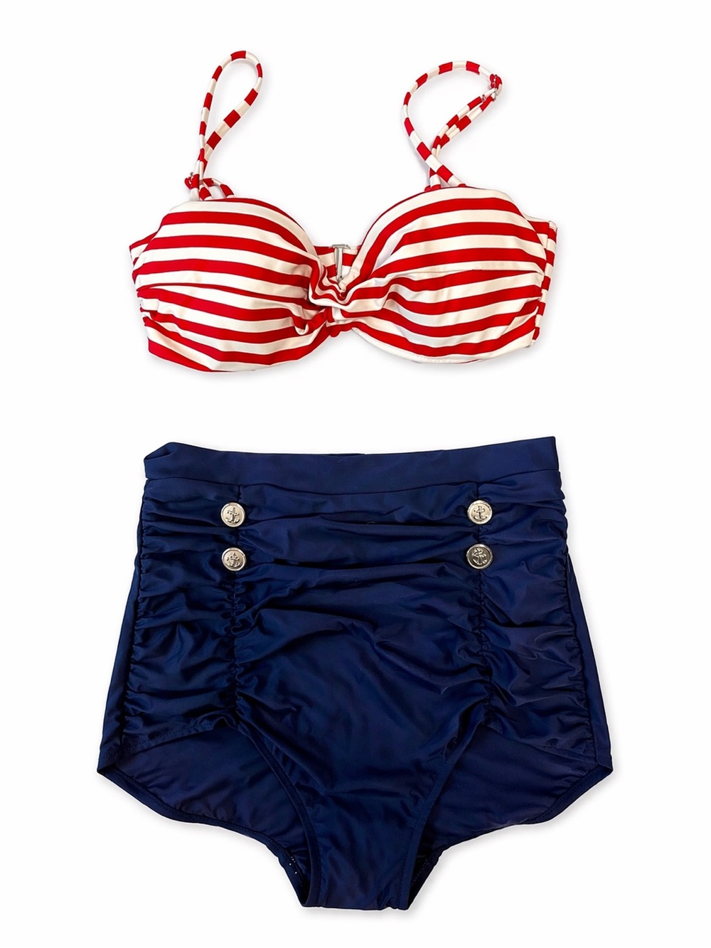 COCOSHIP Red & White Stripe Bandeau Bikini Top with Navy High-Waist Bottoms